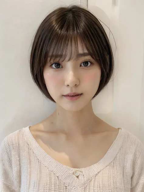 ((white wall、Taken in front of a white door、cute japanese girl、beautiful japanese girl、1 girl、clear、29-year-old、shortcut、short hair、Highly detailed face and skin texture、refinement、super detailed face、highly detailed eyes、blusher、blush、cheek、ピンクのcheekを塗ったc...