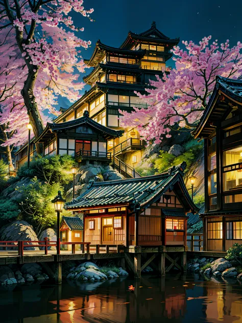 a building that has a bunch of flowers on it, japan at night, in a japanese town at night, japan travel aesthetic, japanese city at night, kyoto, japanese neighborhood, tokyo izakaya scene, japanese street, ghibli spirited away vibe, quiet tokyo alley at n...