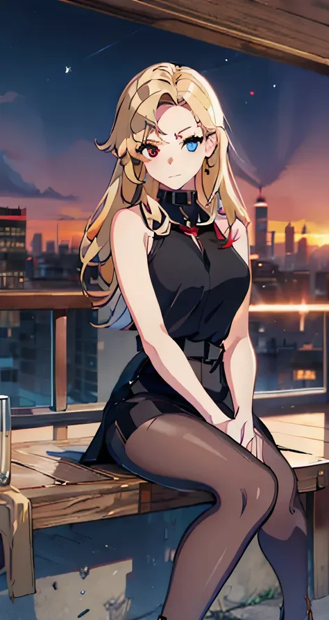 1girl, solo(blue eyes|red eyes:0.8), long hair, breasts, black shirt, pantyhose, sleeveless, black skirt, sleeveless shirt, heterochromia, blonde hair, expressionless, cityscape, sitting, sunset, 