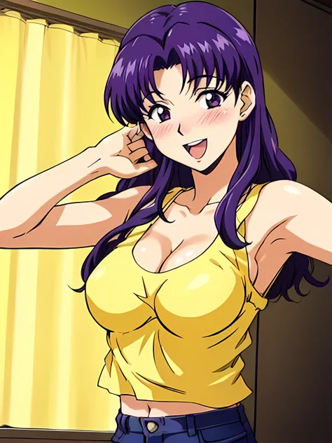 ((katsuragi castle_misato wearing a yellow tank top)), wearing micro shorts, pose for a photo in the apartment, moderate_tits, p...