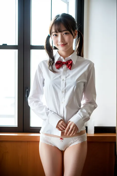 girl standing and unbuttoning near window in school classroom,long-sleeved white shirt with red bow tie,white panties,18-year-old,bangs,a little smile,thighs,knees,short hair and ponytails with barrette,from below,front light