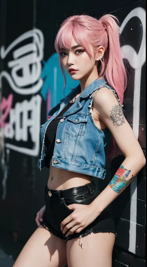 best quality, clear, 4K, 8K, detail, actual, beautiful girl, Korean makeup, black lips, Pink and blue mullet hairstyle, Perfect body, Full back gangster tattoo arm, thigh, stand, pose standing, medium bust, Vest, black beat, 3D graffiti wall background, gr...