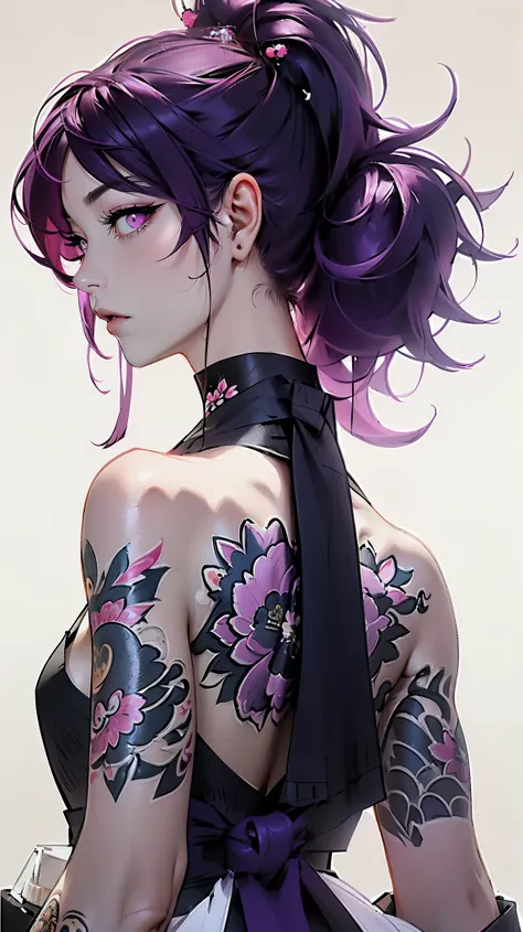 (masterpiece, top quality, best quality, official art, beautiful and aesthetic:1.2),1girl, tattoo, solo, japanese clothes,  hair...