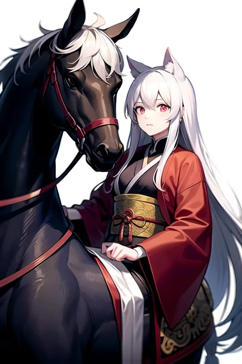 White hair, long hair, cat ears, red eyes, samurai, riding a horse, standing portrait, white background