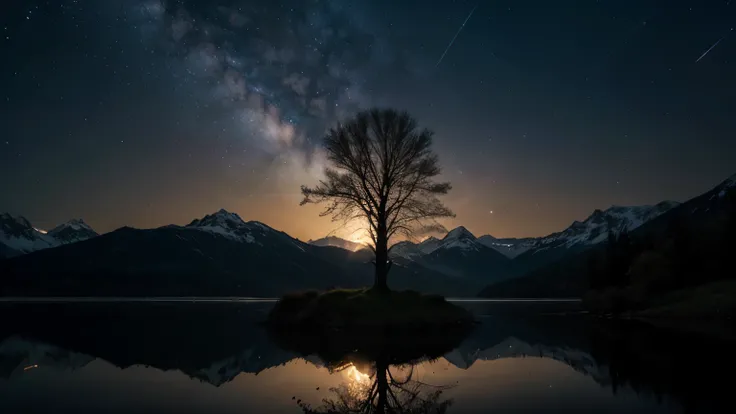 “A Night of Solitude”

Mystical Tree: In the heart of darkness, a lone tree stands, its leaves aglow, casting a gentle luminescence.
Reflection: The tree’s radiant outline mirrors on the tranquil water, creating a perfect symmetry.
Starry Sky: Above, the n...