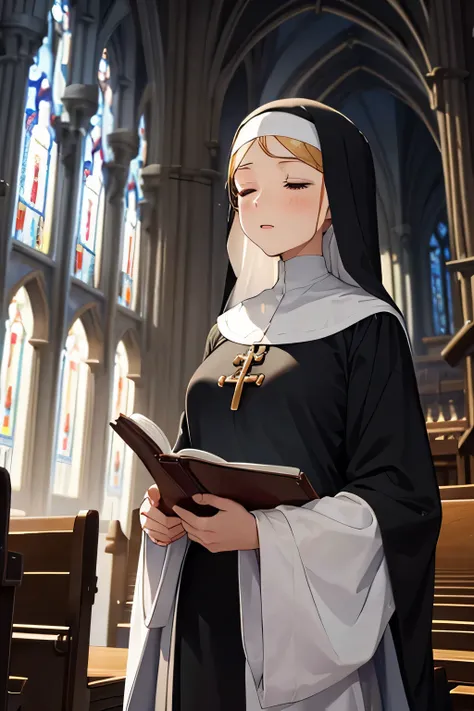 nun singing in a choir, wearing a habit and veil standing in a cathedral, her eyes closed in concentration as she sings beautifu...