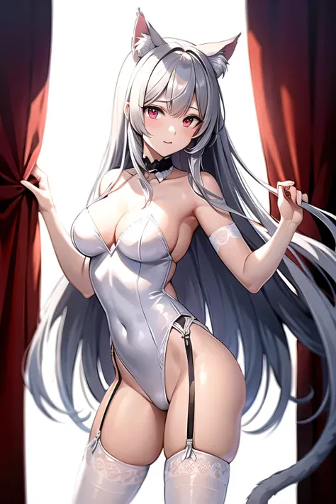 Long white hair, cat ears, hero, red eyes, black garter belt, standing picture, white background, leotard