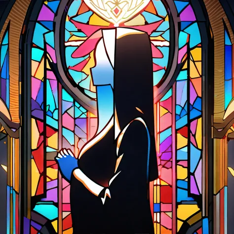 (best quality,8k,highres, masterpiece,ultra-detailed:1.2), (1 nun),A church with intricate and detailed drawings by a professional、Asahi、shining brightly、Intricate stained glass painted by a professional、Pray with Your Hands Folded, (silhouette art,),side ...