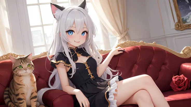 masterpiece, highest quality,beautiful eyes, beautiful hair, beautiful face, beautiful skin, alone, 1 girl,  (star(symbol) dynamic angle,sit on the sofa,Light golden long hair、adorable smile、anime girl,Cat ear,cute clothes,Moonlight twinkle, Rose, Black cu...