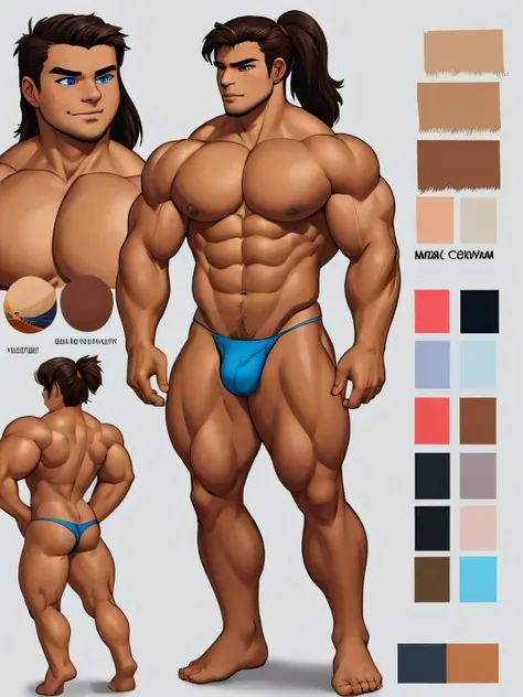 TANNED BOY. Conan Exiles style, ,((character design sheet,same character,front,side,back)) standing in front on stage, Full body volumetric lighting, muscles highlighted by light, Front light, Young bodybuilder, clean-shaven, Warrior, has no chest hair (16...