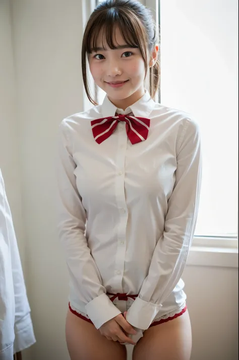 girl standing and unbuttoning near window in school bedroom,long-sleeved white shirt with red bow tie,white panties,18-year-old,bangs,a little smile,thighs,knees,short hair and ponytails with barrette,from below,front light