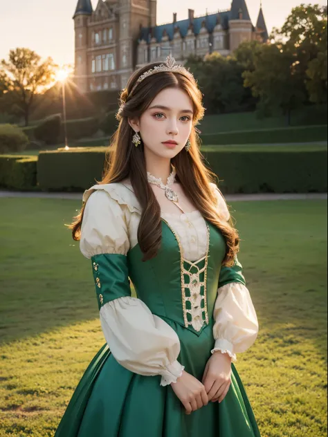 A noble looking princess, with medium length brown hair, green eyes, fancy accessories, princess clothing, Victorian era style fashion, big castle background, sunrise, photographic backdrop, studio lighting, 8k, high resolution