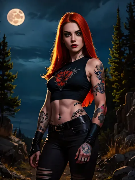 Best Quality,Masterpiece,Ultra High Resolution,(Realisticity:1.4),Original Photo,Cinematic Lighting, 1girl, solo, Metalhead Style ((ginger girl)) at night under the moonlight, wearing ripped black pants, black clothes, Gothic style, fit Hot body, (tattooed...