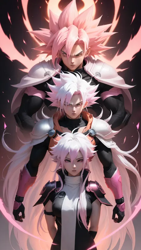 a drawing of a goku white hair with pink hair, artstyleunknown, full figure poster, dark aura, full art, cell shaded art, by theCHAMBA, black and reddish color armor, slick pink armor, official art, matte pink armor, official character art, wild spiky blac...