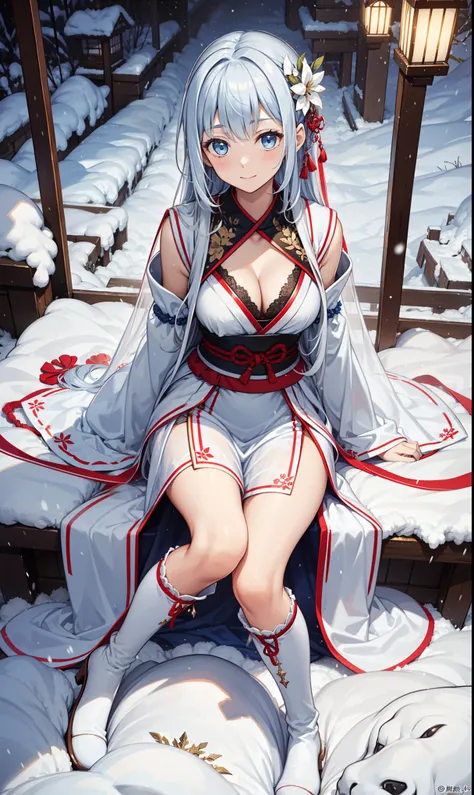 saints，Attractions，having fun，in love，(Western magic white dress)，silver hair，blue eyes，Suitable for transparent clothes，Decoration of saints，Sky blue cloth，Snowflake pattern，Sky blue pattern，snowy night，Transparent lace，exquisite clothing，sitting position...