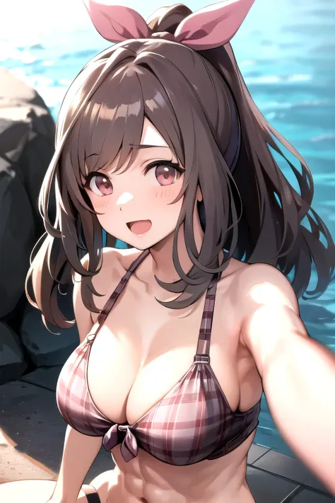 tsukioka kogane, 1girl, (abs:1.2), detailed face, muscular girl, bikini, solo, brown hair, six-pack, open mouth, long hair, look...