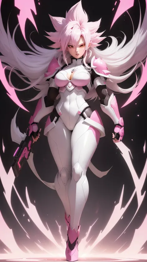 a drawing of a goku white hair with pink hair, artstyleunknown, full figure poster, dark aura, full art, cell shaded art, by theCHAMBA, black and reddish color armor, slick pink armor, official art, matte pink armor, official character art, wild spiky blac...