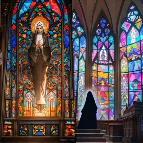 (best quality,8k,highres, masterpiece:1.2), ultra-detailed, (1 nun), A detailed depiction of a church drawn by a professional、Official Church Art、Professionally painted stained glass with intricate detail、pray, (multiple exposures, silhouette art, intricat...