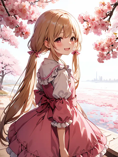 cherry blossoms、cherry blossomsの木の下、(alone:1.2),1 girl,a bit,smile,open your mouth,close your eyes,blonde、low twin tails, whole body, Are standing,(Pink frilly dress:1.2), dutch angle