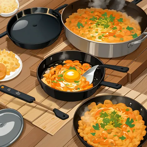 masterpiece，frying pan，cooker, 빈 frying pan, 2D illustration，Vector illustration，new frying pan, frying pan display products