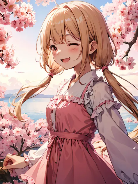 cherry blossoms、cherry blossomsの木の下、(alone:1.2),1 girl,a bit,smile,open your mouth,close your eyes,blonde、low twin tails, whole body, Are standing,(Pink frilly dress:1.2), dutch angle