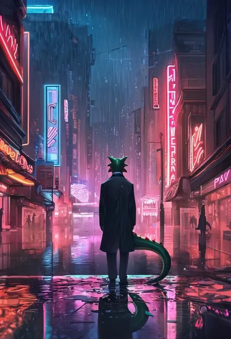 cover page, highres, top quality, best quality, paid reward available, unparalleled masterpiece, perfect artwork, absurdres, High-quality illustrations, super high resolution, detailed background, Lizard wearing a tuxedo wet in the rain, in the city, a nig...