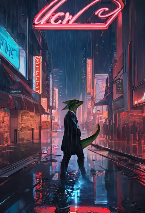 cover page, highres, top quality, best quality, paid reward available, unparalleled masterpiece, perfect artwork, absurdres, High-quality illustrations, super high resolution, detailed background, Lizard wearing a tuxedo wet in the rain, in the city, a nig...