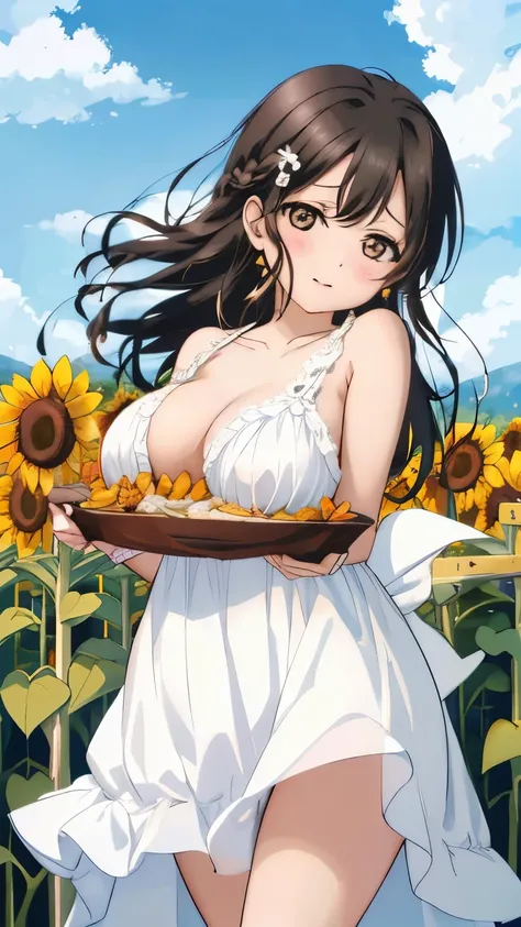 1 girl, alone,  brown eyes, black hair, long hair,half up、 (white dress:1.4),Sunflower field, Sunflower fieldの前に立つ、blue sky、very big breasts、expose one&#39;s chest、Bare your breasts、put the chest on the tray、nipples are transparent、blush、embarrassing、scare...