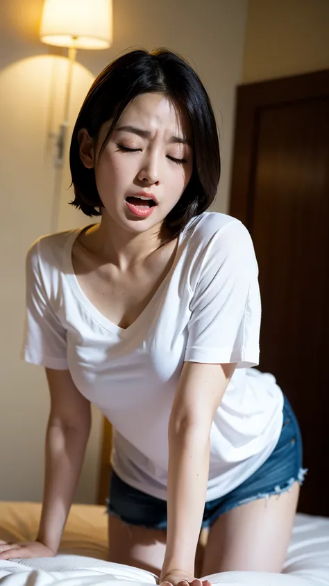 Surrealism, high detail, movie lighting, Ray tracing, perspective, Shoot at eye level, ultra high definition, masterpiece, White skin, 4K, Best quality A sexy girl with open mouth and closed eyes wearing a shirt leaning forward on the bed