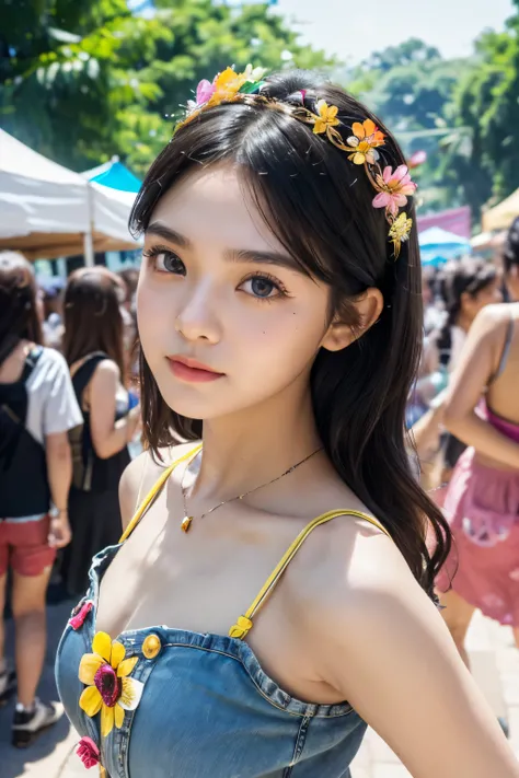 (8k, highest quality, ultra detailed:1.37), (Dina), 18yo, (a free-spirited Javanese girl), embraces the bohemian festival atmosphere. She wears a summer dress top with denim shorts and accessorizes with flowers and beads. Her black hair in a crown braids w...