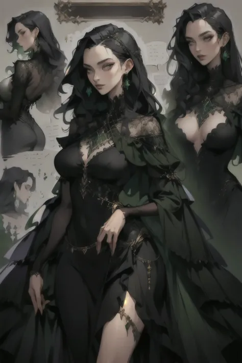 (masterpiece, best quality:1.3), 1woman, black hair, green dress, detailed, text, concept 