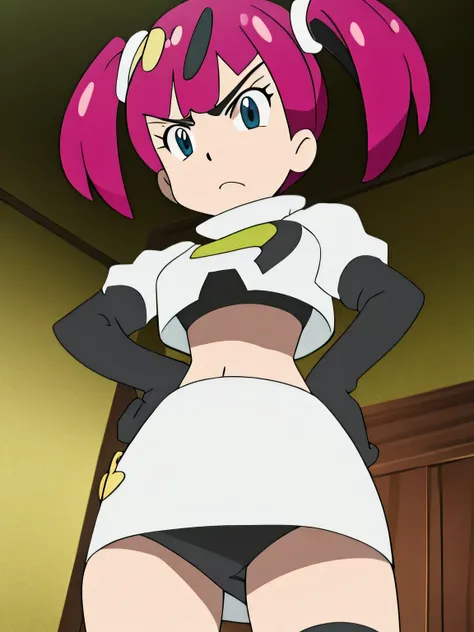 8k, masterpiece,highres, team rocket uniform, red letter r, white skirt,white crop top,black thigh-high boots, black elbow gloves, glaring angrily, looking down at viewer, hands on hips, cowboy shot,zettai ryouiki,from below, black panties,anime style, viv...