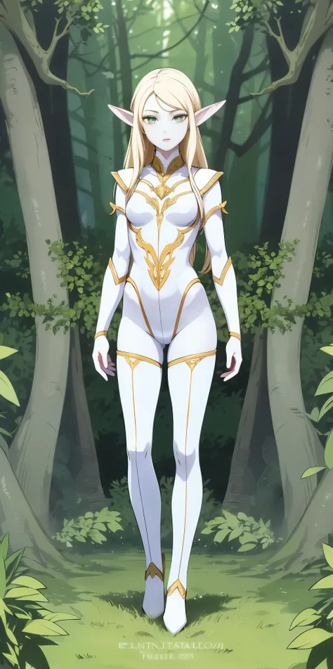 (masterpiece, best quality), (full body:1.6), standing (small fighting elven 1girl:1.6),(magical),(cute,adorable:1.3),blonde hair, green eyes, medium breast, beautiful, detailed, enchanted breastplate with precious gemstones, white thigh-high greaves, sedu...