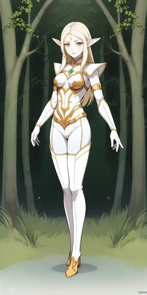 (masterpiece, best quality), (full body:1.6), standing (small fighting elven 1girl:1.6),(magical),(cute,adorable:1.3),blonde hair, green eyes, medium breast, beautiful, detailed, enchanted breastplate with precious gemstones, white thigh-high greaves, sedu...