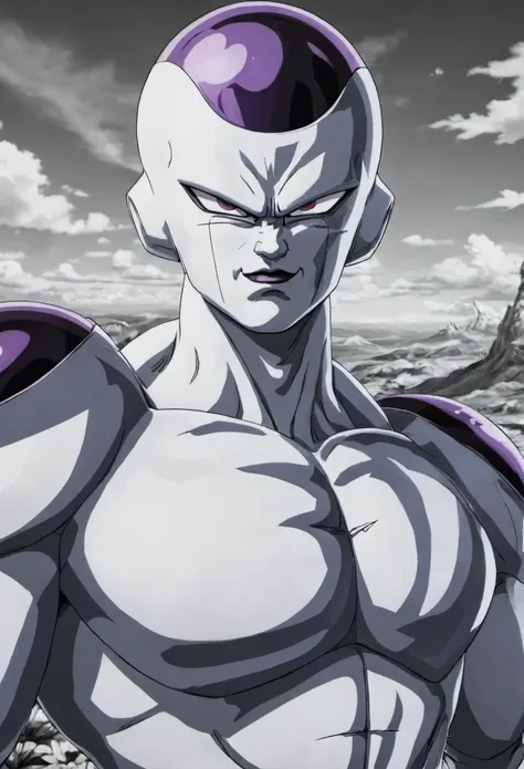 the image shows a powerful and fascinating character from the dragon ball series, freezer. his intimidating appearance and defia...