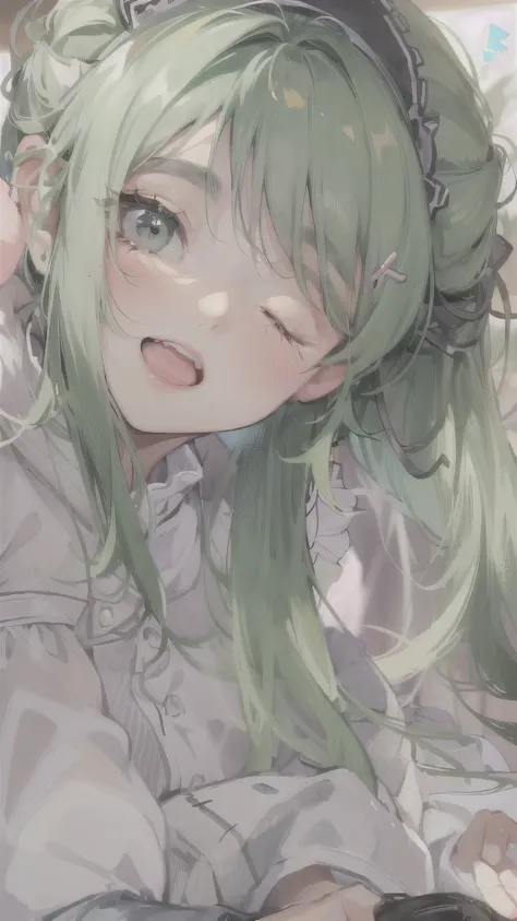 perfect anatomy, masterpiece:1.4, best quality, 8k, in the bedroom,  (forcus face), (hand in front of chin on bed) (solo sleeping Ponytail green hair long hair cute girl, 15 yo, cute closed eyes, grossly mouth), break, in a maid uniform, in the evening.