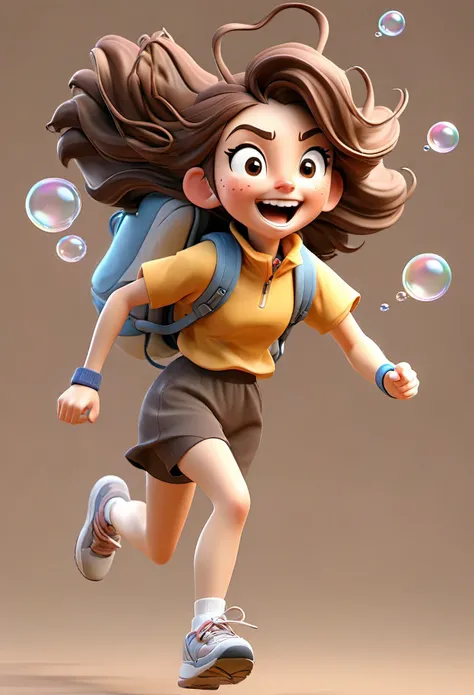 A young girl is running，A camera was slung around his neck，brown hair，happy laugh，wearing sportswear，Wearing a backpack，blank background，Detailed description，Bubble matte style，Clay material，tone，Strong depth，3D，C4D，simple background，beater，high quality，hi...