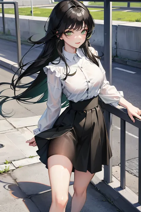 1 girl, long black hair, ((vibrant green eyes)), smiling, ((beautiful)), bangs, above things only, white shirt, black skirt to her knees, mature body, cute, large breast, thick thighs, cloth that covers most of the body, leaning against railing.