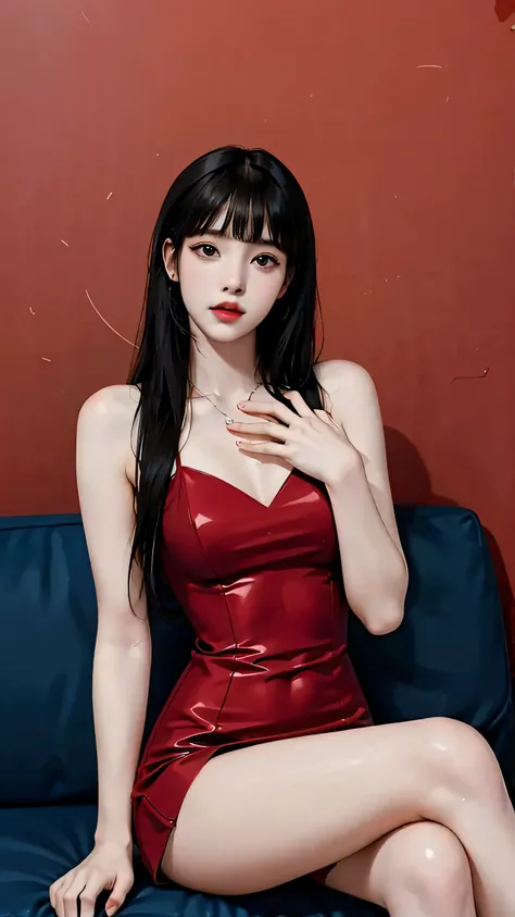 girl, black hair, 1980s (style), red sleeveless dress, long hair,big breasts,sitting，Panty shot,wide open chest