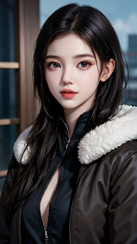 beautiful girl with realistic black eyes, pale skin, medium length black hair, perfect face, perfect eyes, wearing a coat, very ...