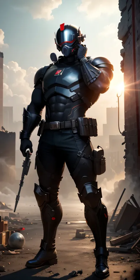 Man in red and black clothes standing in the ruins of a burning city, fire, smoke, muscular man, solo, American round inch, Buzz cut, closed helmet (you cant see his face) huge shoulders, muscular! Wearing black sunglasses, mechanical mask, round head Buzz...