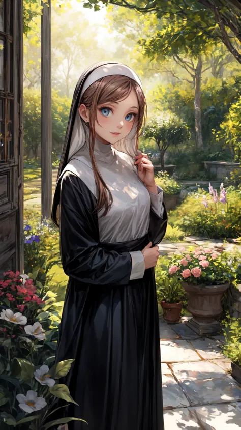 A girl dressed as a ((nun)), standing in a peaceful garden, surrounded by vibrant flowers and tall trees. The girl has serene blue eyes that reflect her inner wisdom and a gentle smile on her lips. Her face is beautifully detailed, with long eyelashes that...