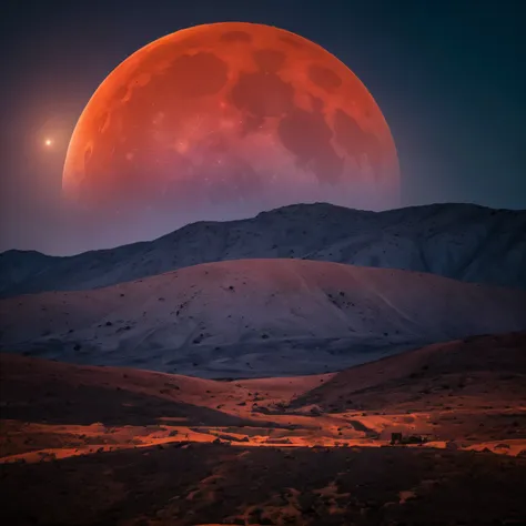 Lunar eclipse, lunar eclipse art, lunar eclipses [black background], moon eclipse, blood moon, night sky, moonlight, star-filled sky, dark atmosphere, fiery red moon, dramatic contrast, breathtaking celestial event, majestic moon phase, moon immersed in sh...