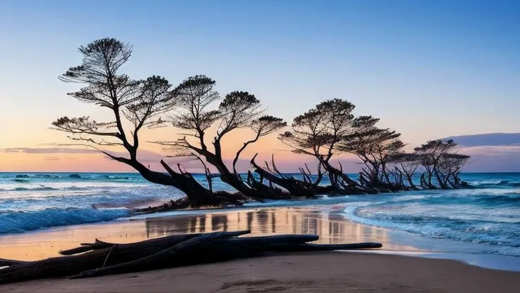 trees that have been washed up on the beach by the ocean, unfinished roots of white sand, incredibly beautiful, by Richard Gruelle, beach trees in the background, breath taking, breath taking beautiful, driftwood, enigmatic natural beauty, beautiful and om...