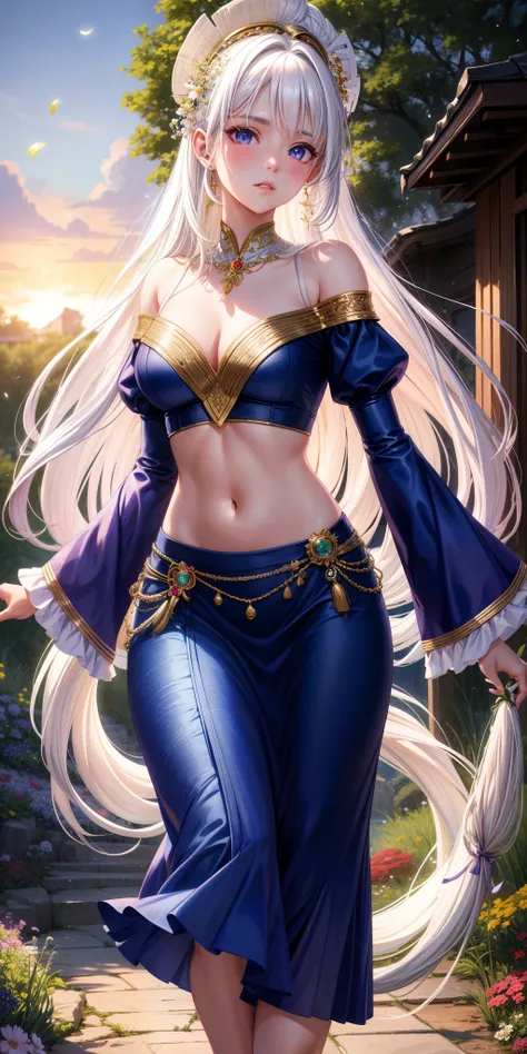 A breathtakingly realistic image of a girl with White hair and Purple glowing eyes. Her crops top exposes her midriff, while a flowing skirt cascades down her legs. The parted lips reveal a subtle blush, as if shes been caught in the warmth of the Sun. Nig...