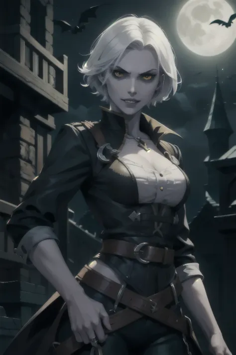 evil vampire female pirate, yellow eyes, short white hair, pale skin, sharp teeth, dark atmosphere, at night in a castle, pirate