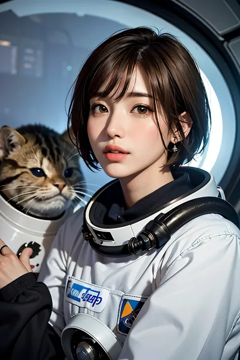 highest quality、masterpiece、ultra high resolution、(real:1.4)、Beautiful woman１、Beautiful details of eyes and skin、light brown short cut hair、small smile、Full space suit、space station、spaceship、Remains、cloudy sky、Sci-Fi Taste、film grain、