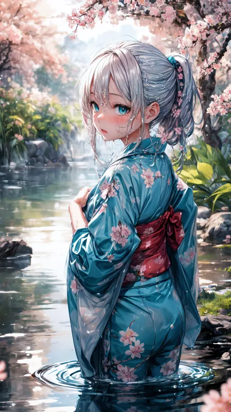 (best quality,highres,ultra-detailed,Pixiv:1.37),1 girl, full body, (7 years old girl:1.2), beautiful detailed eyes, beautiful detailed lips, girl wearing large teal kimono, beauty complex pattern on kimono, (wet, wet body, wet hair, wet skin, very wet kim...