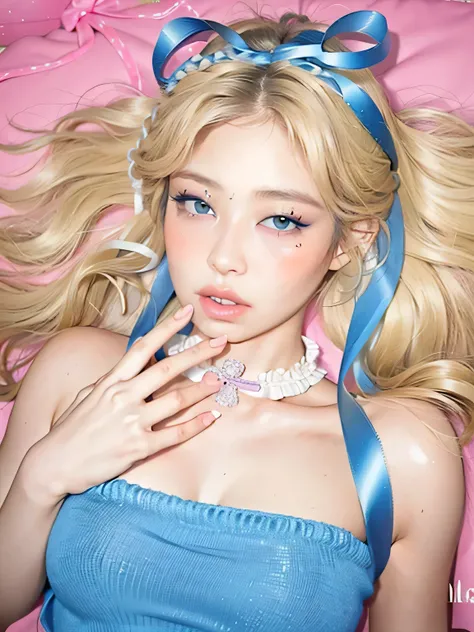 blond haired woman with blue dress and blue bow laying on pink bed, roseanne park of blackpink, belle delphine, aesthetic!!!!!! ...