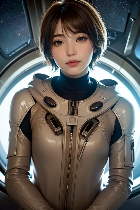 highest quality、masterpiece、ultra high resolution、(real:1.4)、Beautiful woman１、Beautiful details of eyes and skin、light brown short cut hair、small smile、Full space suit、space station、spaceship、Remains、cloudy sky、Sci-Fi Taste、film grain、